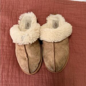 UGG Chestnut Suede Slip-On Shearling Clogs with Cream Collar